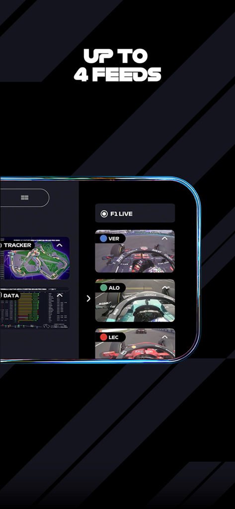 F1 TV app interface showing the multi-view feature with multiple driver onboard cameras and live race data