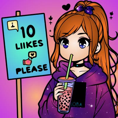 girl with a high ponytail and a hoodie drinking boba staring at a sign saying 10 likes please