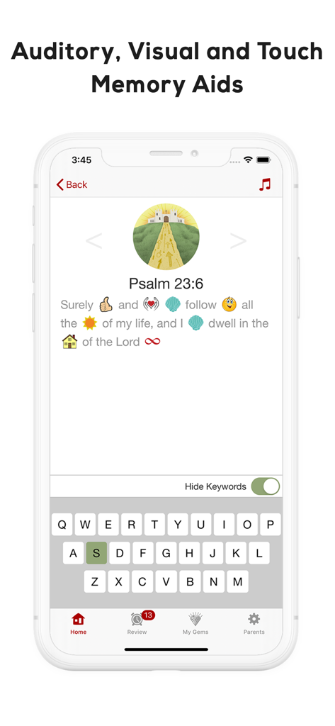 Bible Memory Kids - Bible Memory Kids app screen showing Psalm 23 with mnemonic icons and a simplified keyboard