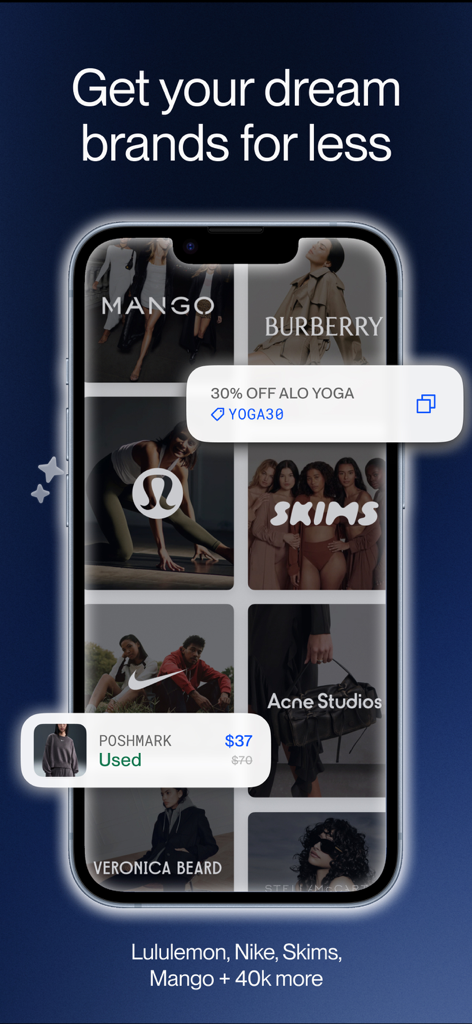 Phia: Shop Smarter, Save Money - Phiaモバイルアプリの画面。ルルレモン、ナイキ、スキムズなどのブランドの割引と価格比較を表示