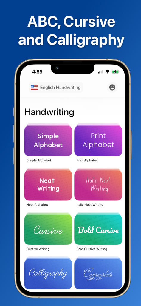 Selezione di corsi di scrittura nell'app Writey con stili stampatello, corsivo e calligrafia.
