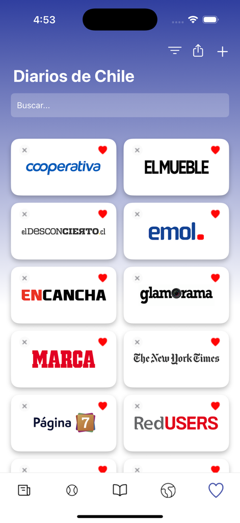 Diarios de Chile - Mobile app interface showing a grid of Chilean and international news source logos
