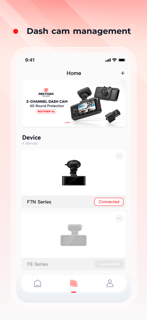 Redtiger Cam app home screen showing a list of connected dash cam devices.