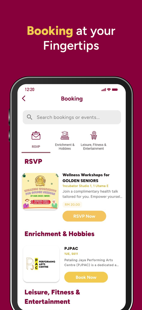 1 Utama SuperApp - Online booking page of the 1 Utama SuperApp showing event RSVP and enrichment classes