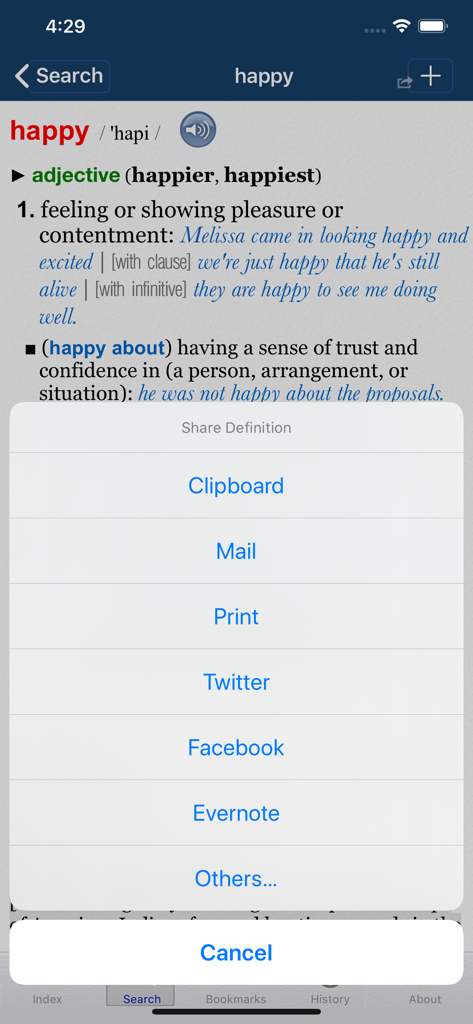 Oxford Dictionary of English. - The Oxford Dictionary of English app displaying a share definition menu for the word happy