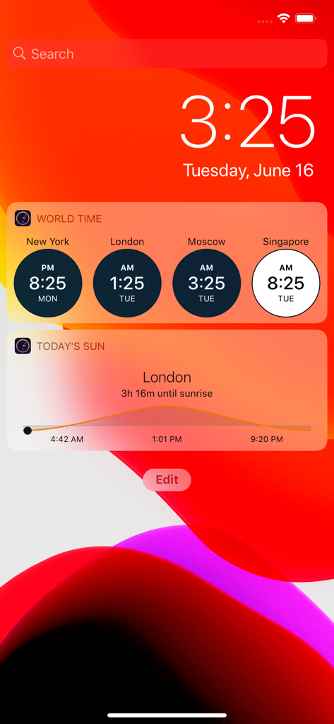 World Clock - Local Time - World Clock app widgets showing local times and sunrise data on an iPhone