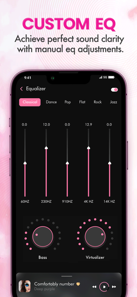 offline music player - songs - Interfaz de la aplicación reproductor de música sin conexión que muestra el ecualizador personalizado con deslizadores de frecuencia, controles de graves y virtualizador.