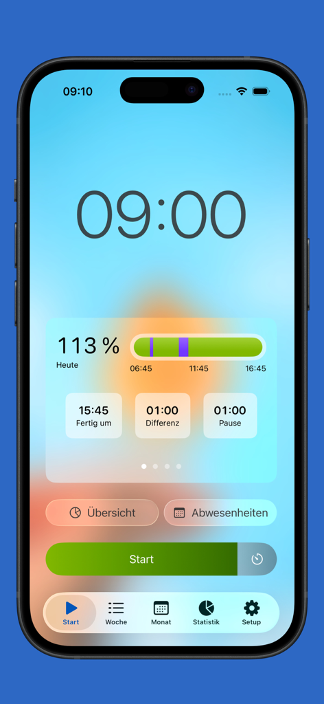 Automatic Time Clock - iPhone dashboard of the Automatic Time Clock app displaying daily work hours progress and a large green start button for tracking.