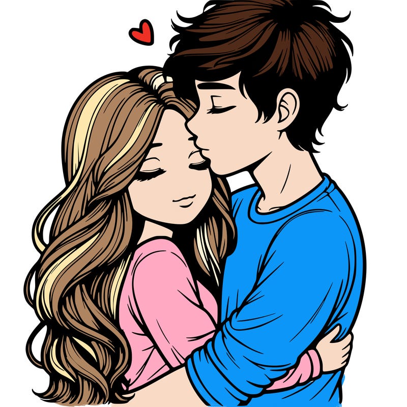 a realistic couple boy and girl hugging and kissing