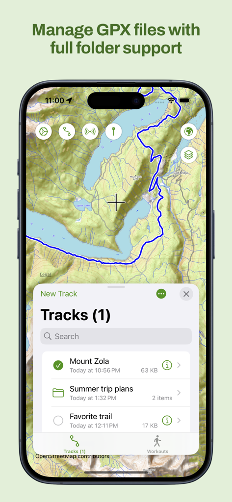 Maptrails app interface showing GPX track management with folder support on a topographic map