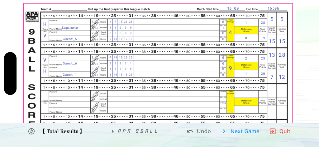 neon  cue sports score board - Digital APA 9-ball scoresheet interface for tracking pool match results and player statistics