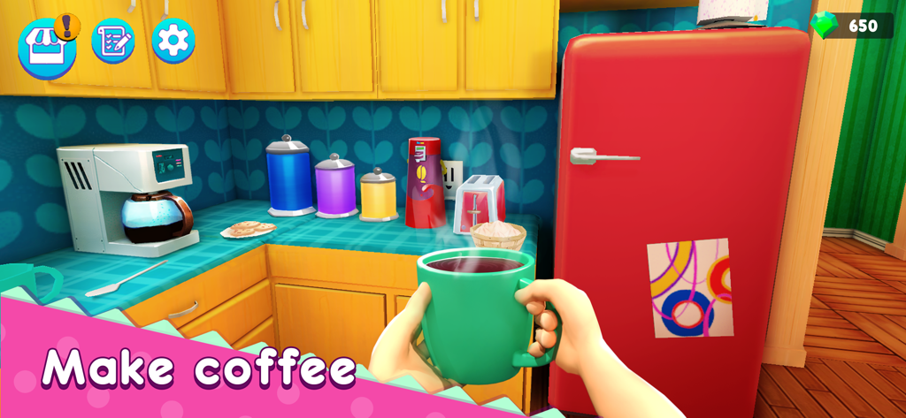 First person view of a character holding a green coffee mug in a colorful virtual kitchen
