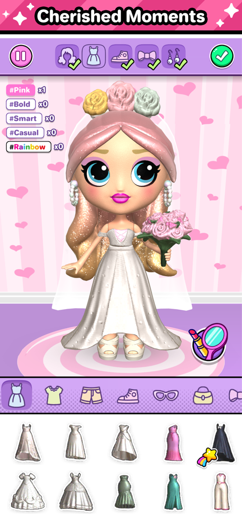 Go! Dolliz: Doll Dress Up Game - Una muñeca 3D vestida con un traje de novia blanco sosteniendo un ramo rosa en el juego de moda Go! Dolliz