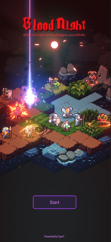 Blood Night : Chess RPG - Tela principal do jogo Blood Night Chess RPG com heróis e monstros em pixel art em um mapa de grade tática sob uma lua vermelha