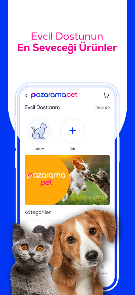 Pazarama: Online Alışveriş - Mobile app screen for Pazarama Pet showing pet profiles and categories for pet shopping with cat and dog images