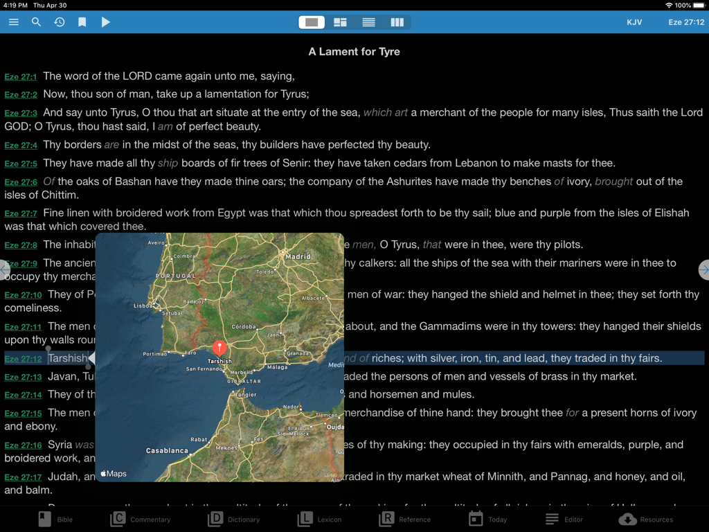 Una captura de pantalla de la aplicación e-Sword HD para iPad mostrando una ventana emergente de mapa para Tarsis junto al texto bíblico de Ezequiel.