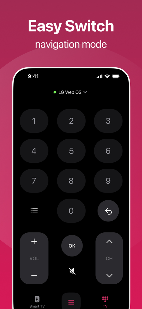 Interface de navegação numérica do aplicativo de controle remoto LG TV em um iPhone mostrando controles de canal e volume.