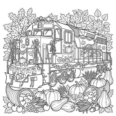 All aboard for a festive coloring journey! This unique page combines the mighty power of a diesel train with the bountiful spirit of Thanksgiving harvest, ready for your creative touch.