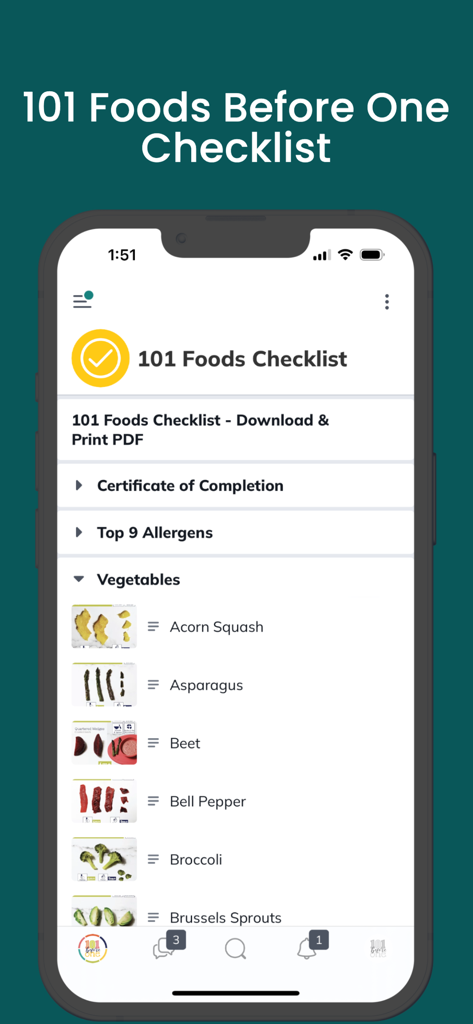 Écran de l'application mobile 101 avant un an montrant une liste de contrôle des légumes pour l'introduction de la diversification menée par l'enfant