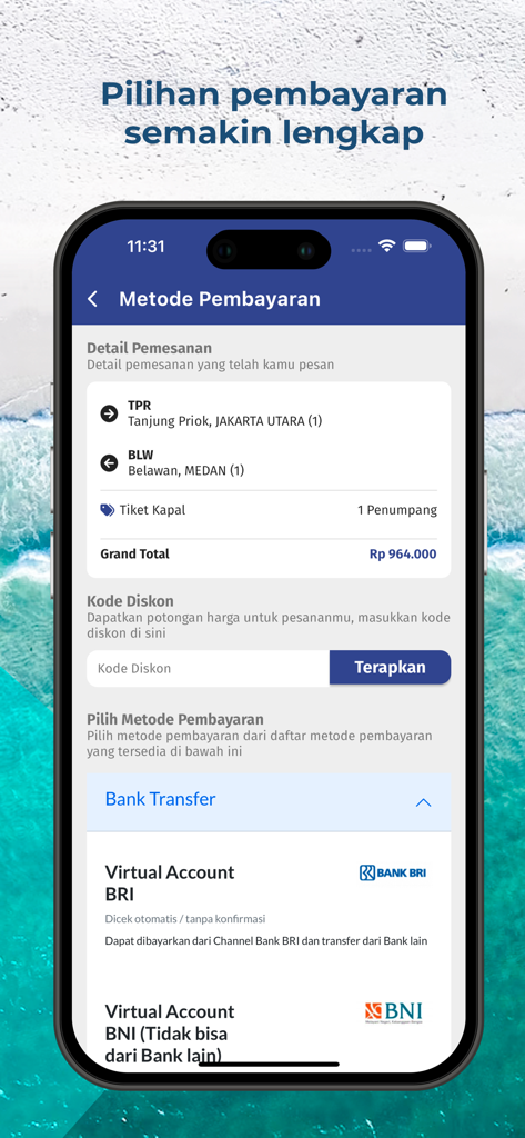 PELNI - Écran de l'application mobile PELNI montrant les méthodes de paiement et les détails de réservation pour les voyages en bateau en Indonésie