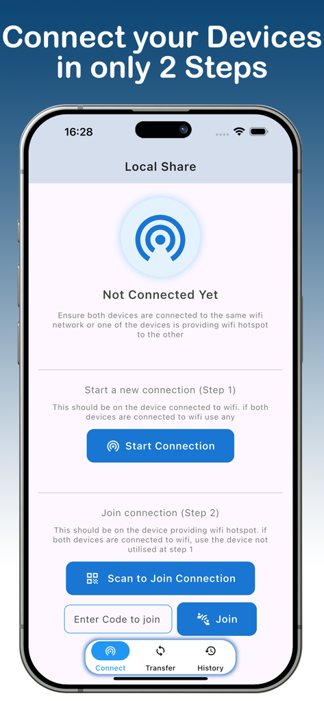 LocalShare:FileShare AnyDevice - Interfaz de la aplicación LocalShare en un iPhone que muestra un proceso de dos pasos para conectar dispositivos para compartir archivos sin conexión a través de WiFi