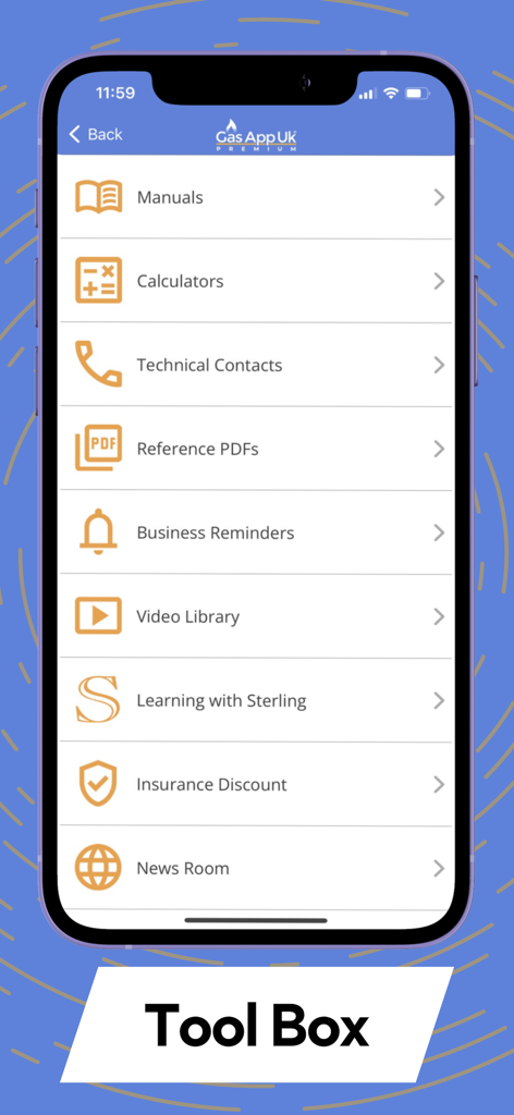 Gas App Uk toolbox screen showing manuals calculators and technical contacts