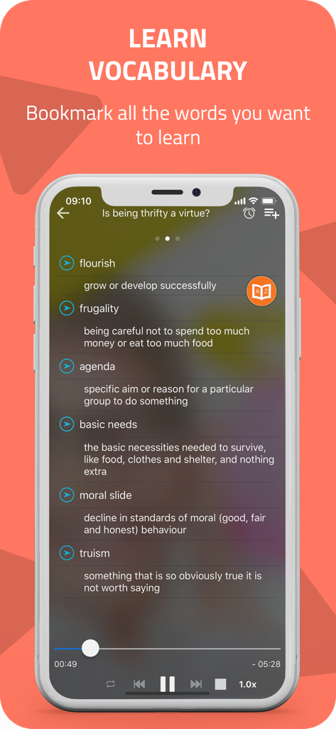 English vocabulary learning screen with a list of words, definitions, and audio player controls.