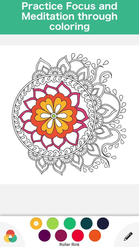 Color Easy: Coloring Book - A partially colored floral mandala in the Color Easy coloring app with a mindfulness headline