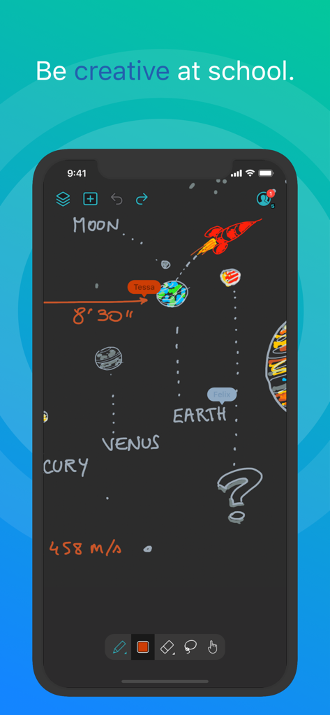 Dessin collaboratif du système solaire sur l'application tableau blanc Inko