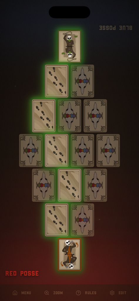 Cardy Cardy Flip Game - Gameplay screen of Cardy Cardy Flip showing a path of cards connecting the Blue Posse and Red Posse on a Wild West themed board