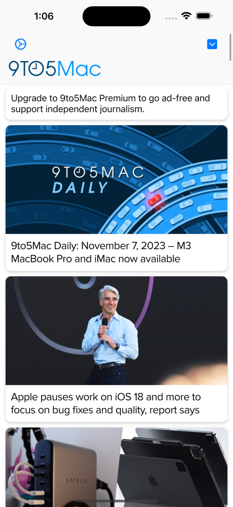 El feed principal de artículos de la aplicación 9to5Mac que muestra las últimas noticias de Apple y un banner de suscripción premium.