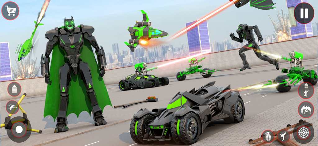 Flying Robot Transforming Game - Un coche y un avión robot transformador negro y verde en una escena de batalla en la ciudad