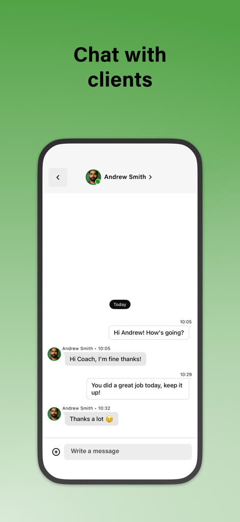 Mywellness for Professionals - In-app chat screen for fitness professionals to communicate with clients