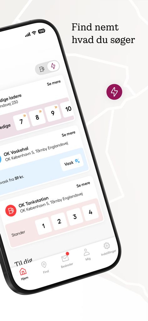 OK: Tank, oplad, vask, parker - iPhone displaying the OK app interface with options for car wash gas stations and EV charging points