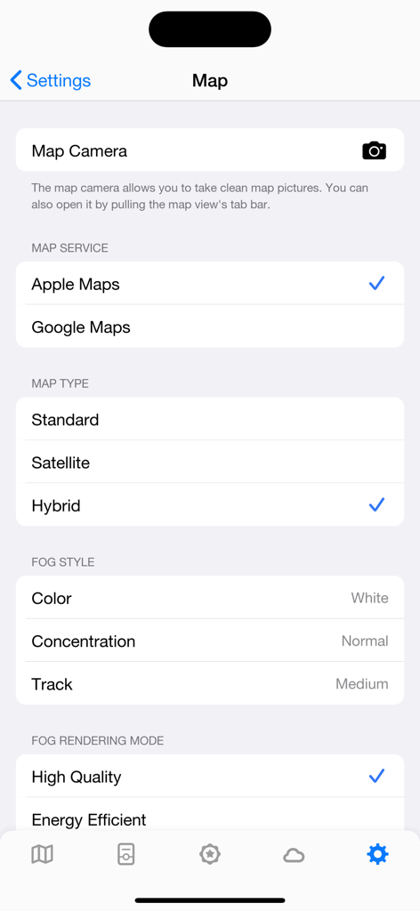 Map settings interface in Fog of World app showing options for map service map type and fog style customization