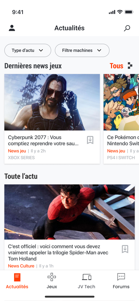 Feed di notizie di Jeuxvideo.com sull'app di gaming che mostra gli ultimi articoli e filtri