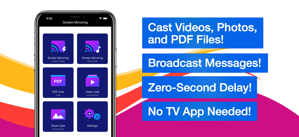Miracast and screen mirroring app interface with options to cast videos photos and PDF files