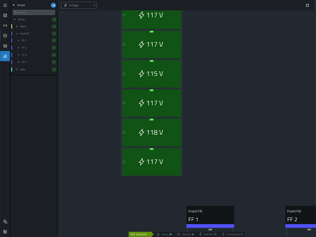 JBL Performance - JBL Performance app interface showing real-time line voltage monitoring for professional audio systems