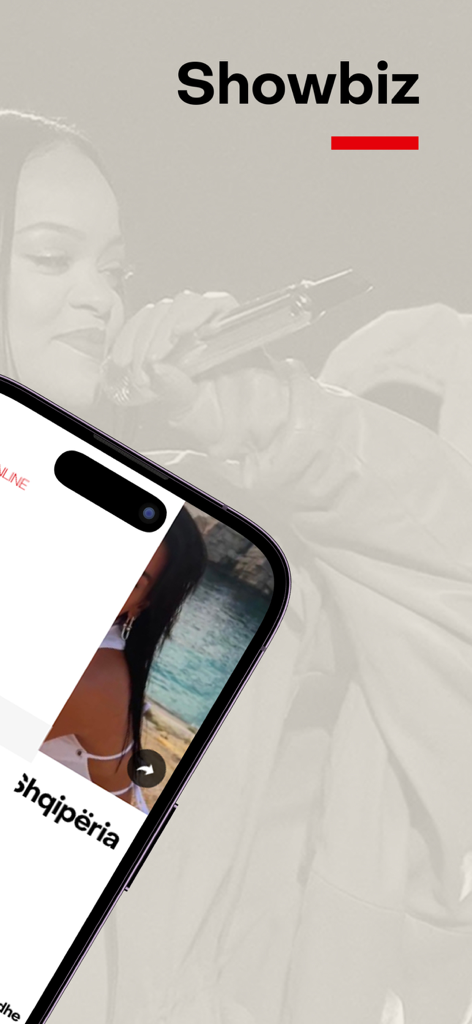 IndeksOnline - IndeksOnline app interface displaying the Showbiz category and entertainment news in Albanian.