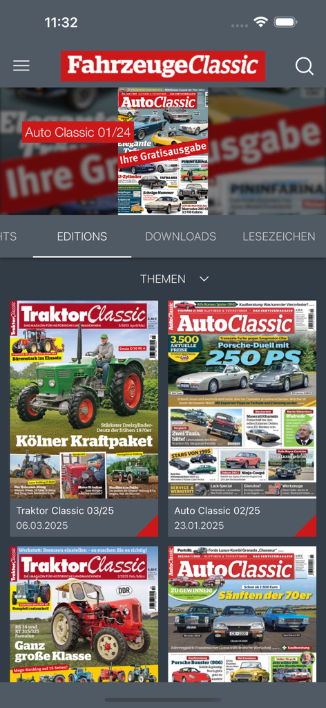 Auto Classic 및 Traktor Classic 잡지의 다양한 에디션을 보여주는 디지털 라이브러리 인터페이스.