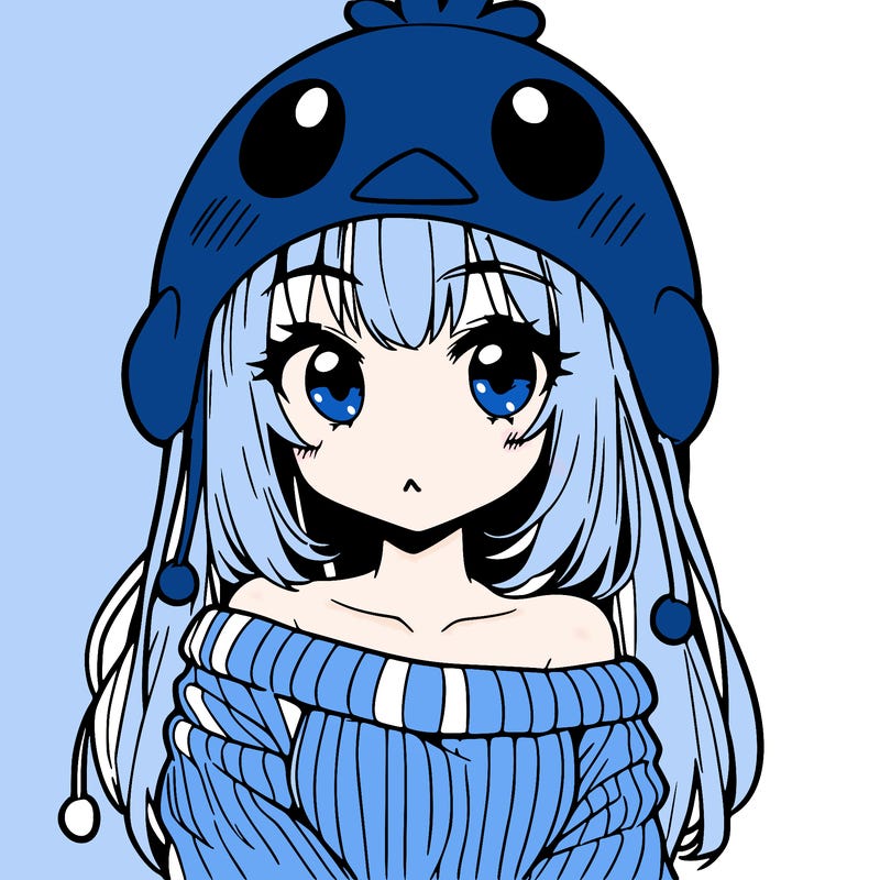 anime girl with chick shaped hat with sweater with bare shoulders with bangs covering them one eye with low tail