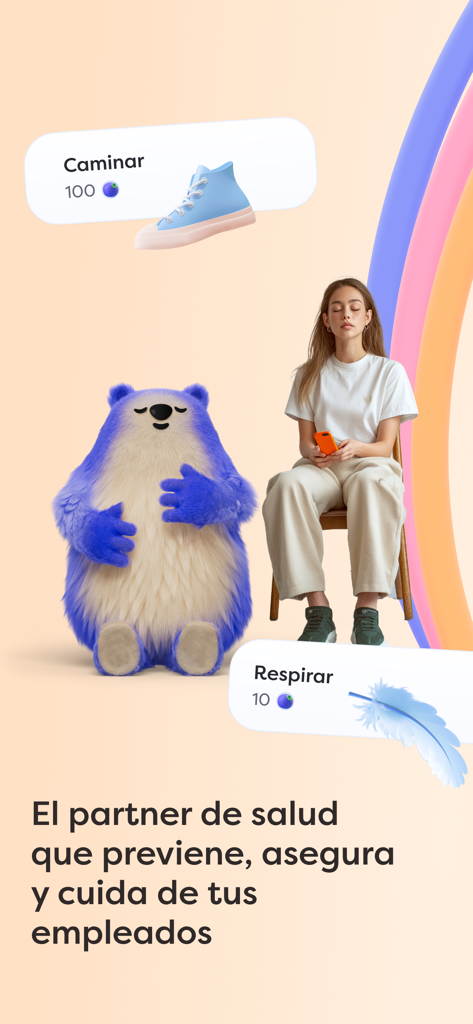 Alan España Seguro de Salud - Alan의 마스코트와 명상하는 여성, 직원 건강 챌린지 아이콘 옆