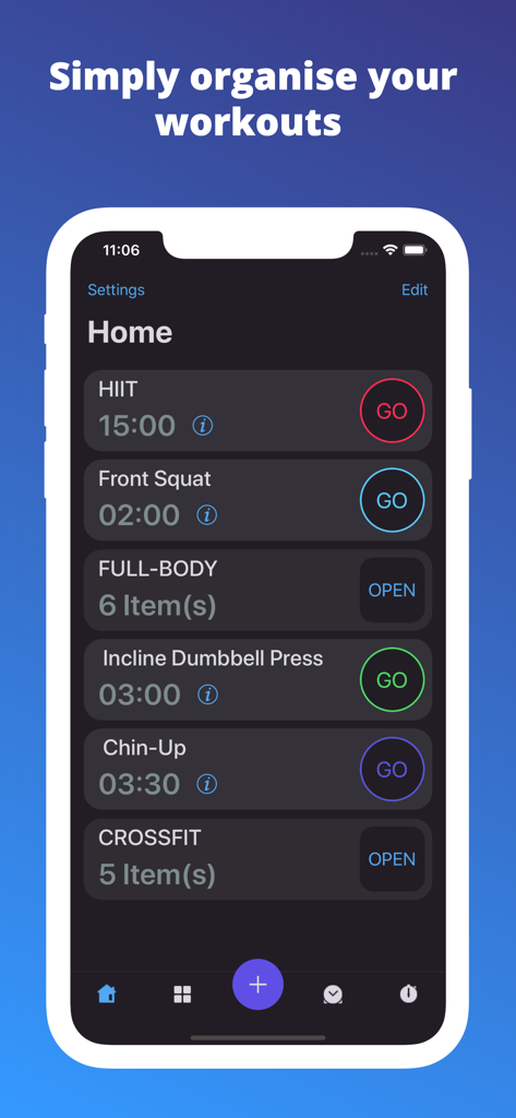 TimeFit - Interval Timer - TimeFit app interface showing a list of organized interval workouts like HIIT and Crossfit