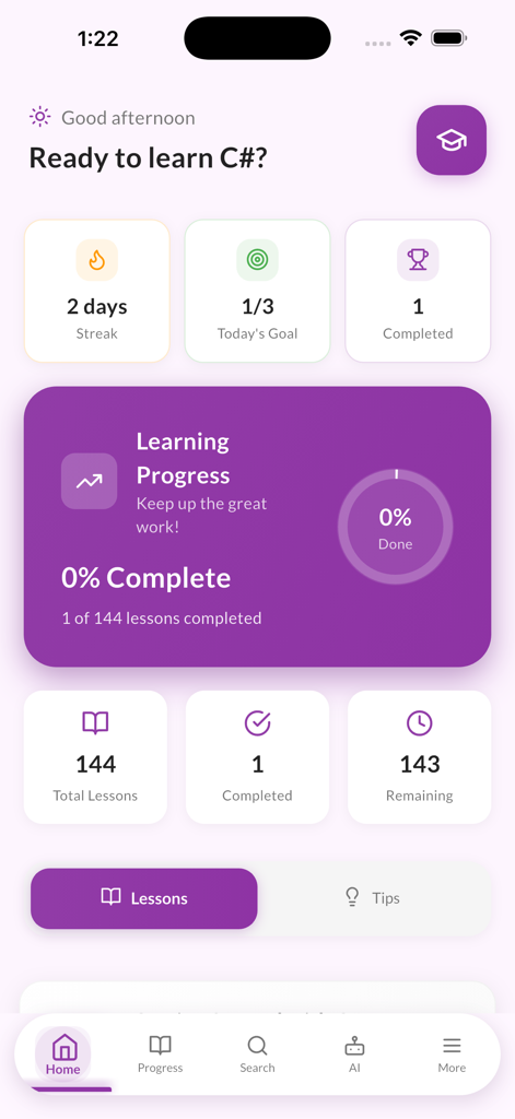 Il dashboard principale dell'app Learn C Sharp che mostra i progressi di apprendimento e le streak giornaliere