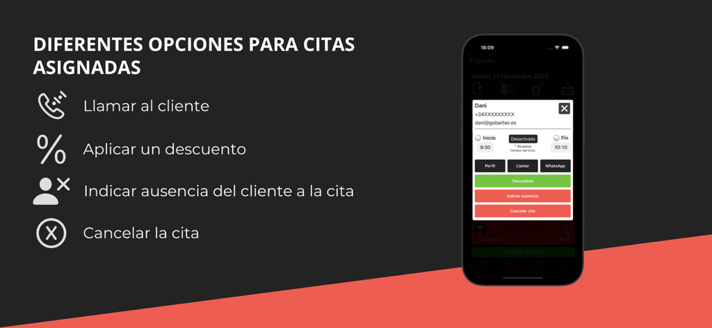 Interface of GoBarber Pro showing appointment management options like calling clients applying discounts and canceling bookings