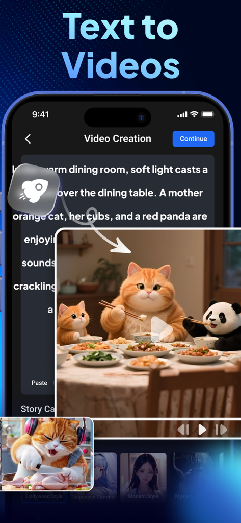 AI Video Generator - Vizmo AI - Vizmo AI mobile app interface showing a text prompt being converted into an AI generated video of cats and a panda at a dining table.