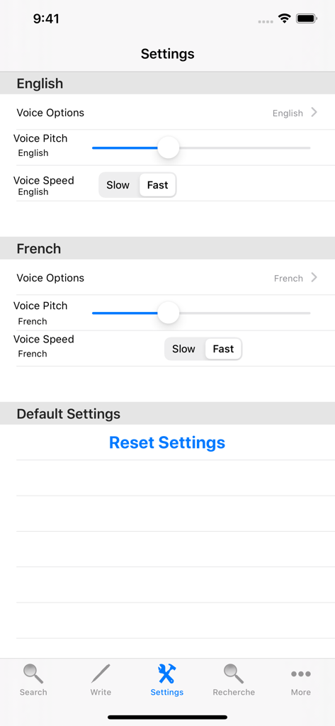 Oberfläche für Tonhöhe und Geschwindigkeitseinstellungen für die englische und französische Aussprache im Wörterbuch.