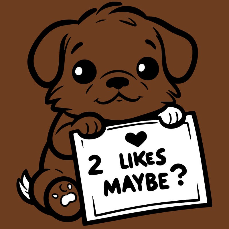 a puppy holding a sign that says 2 likes maybe?