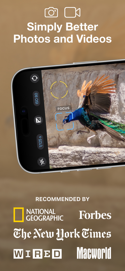 ProCamera. Professional Camera - A smartphone screen displaying the ProCamera app with manual focus and exposure settings over a photo of a peacock, endorsed by National Geographic and Wired.