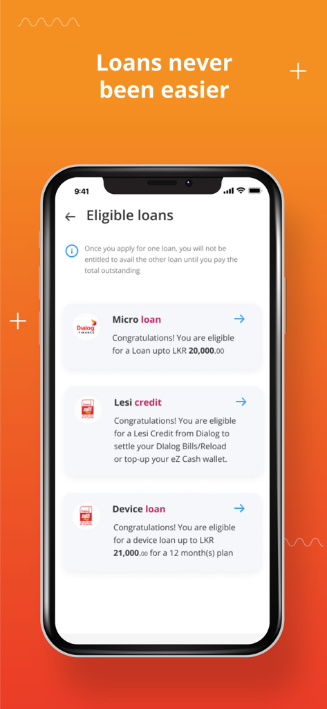 Genie - A smartphone screen displaying the Genie app's eligible loans page with options for micro loans, Lesi credit, and device loans.